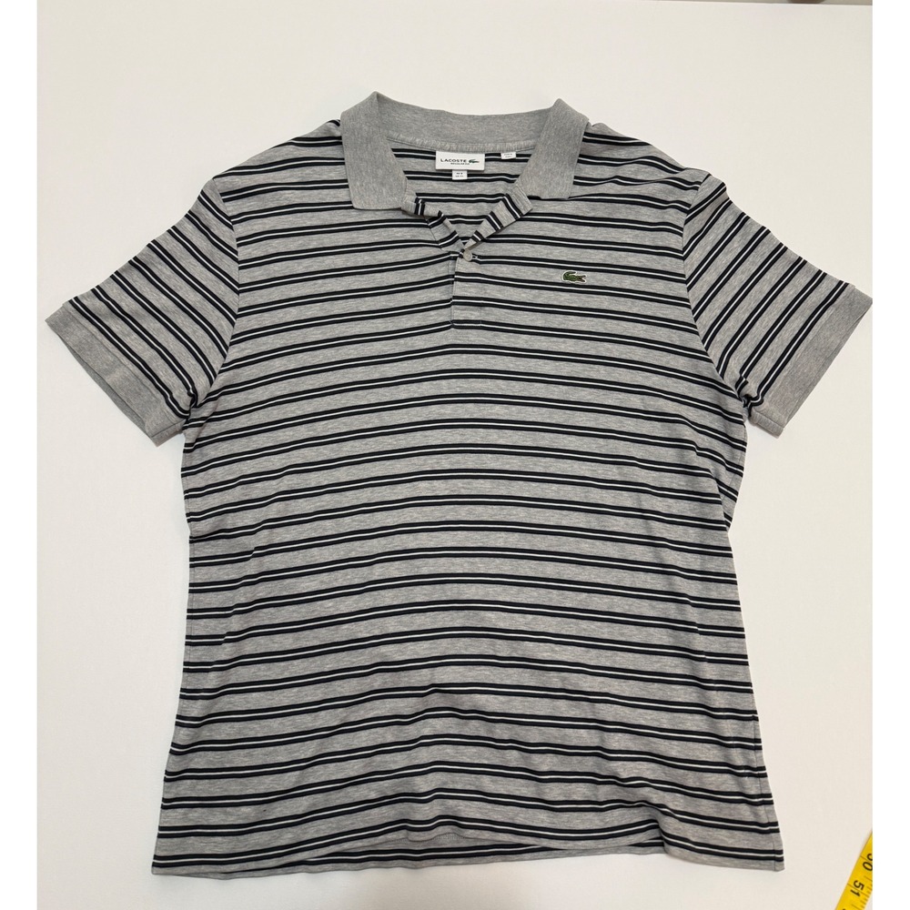 Lacoste Regular Fit Striped Polo Shirt Mens XL Gray Navy Blue Short Sleeve Peru
